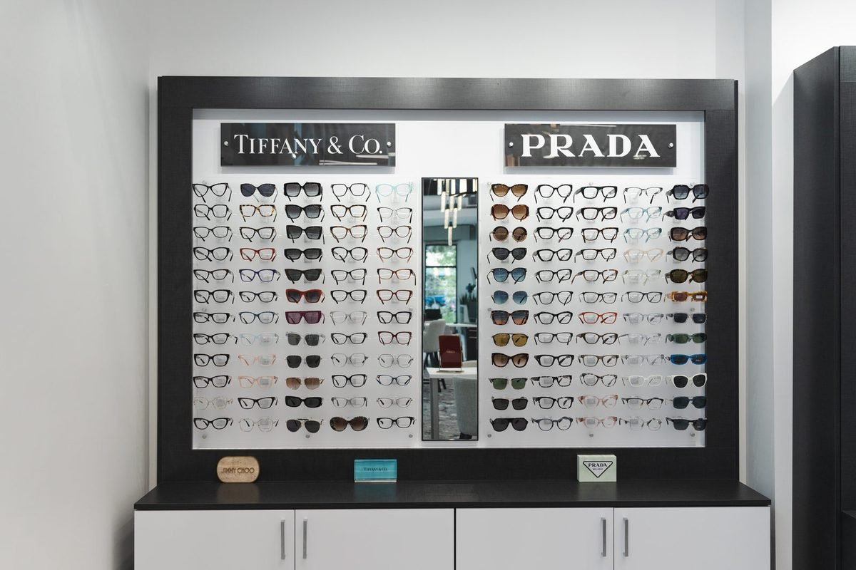 Tiffany and Prada eyewear on display in the Family Eye Center optical showroom